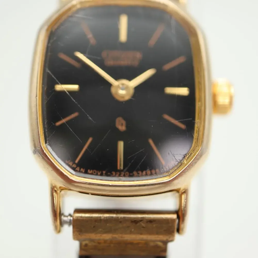 Vintage Citizen Black Gold Tone 17mm Petite Watch Metal Stretch Band New Battery
